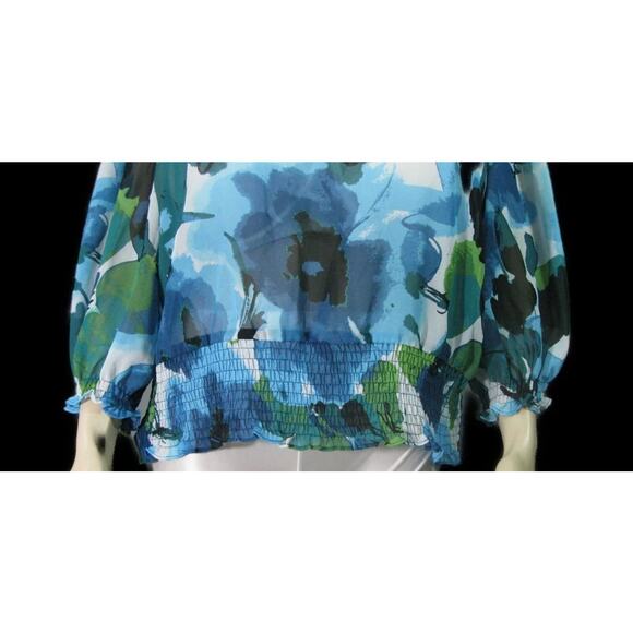 A.N.A. WOMEN'S 3/4 WATERCOLOR PRINT SPLIT KEY PEASANT SMOCKED BLOUSE SIZE XL-EUC - Picture 3 of 11